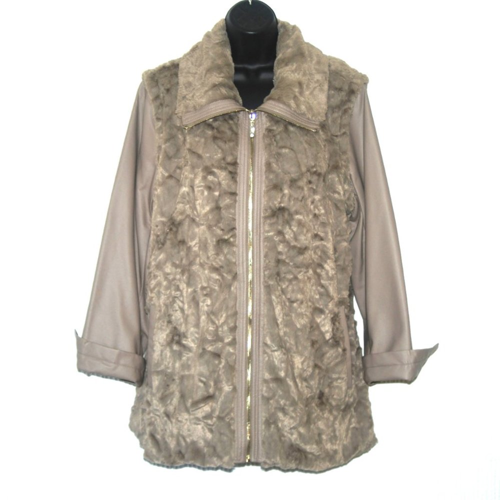 Dennis Basso Faux Fur & Leather Zip-off Sleeves Jacket Size Large NWOT!